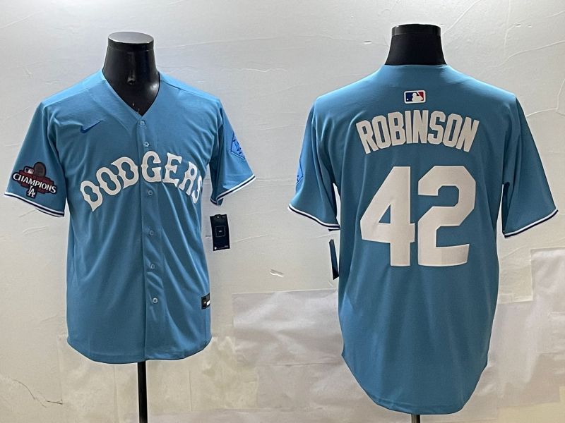 Men Los Angeles Dodgers #42 Robinson Light Blue Joint Name 2025 Nike MLB Jersey style 14